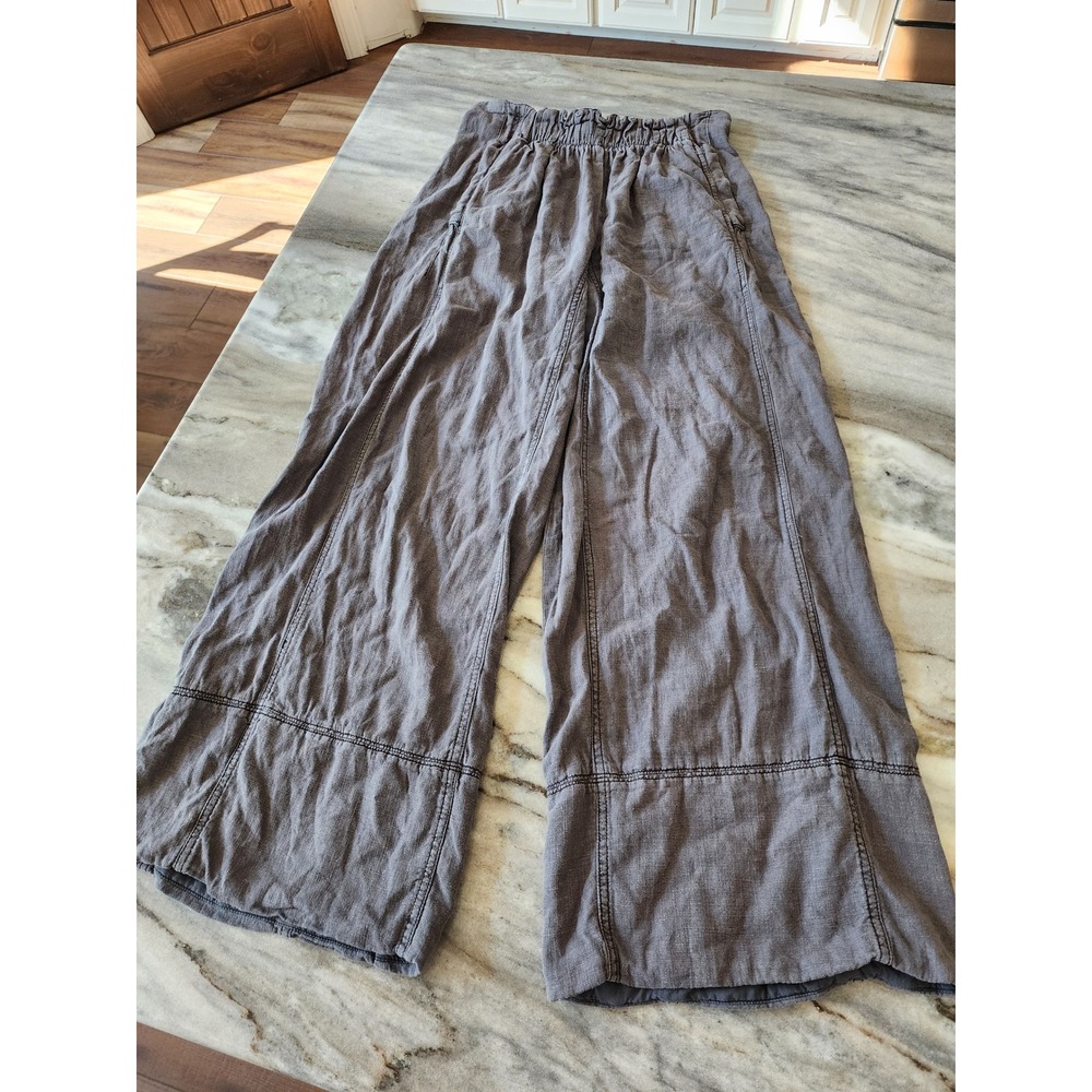 Free People Boho Charcoal Gray Linen Blend Wide Leg Paperbag Waist Pants Small